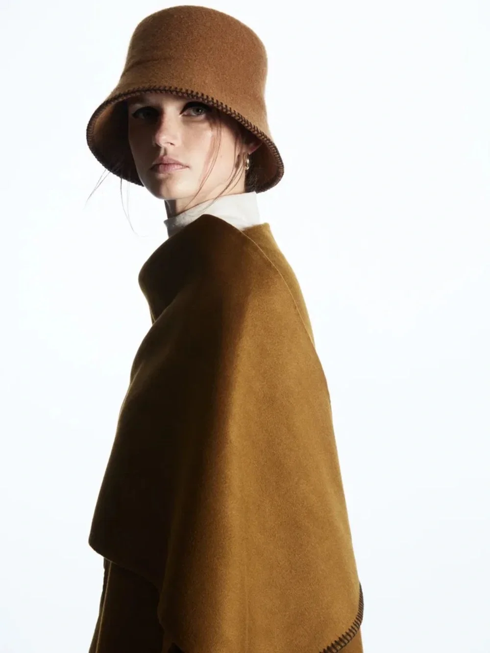 COS Brand New Brown Wool-Blend Bucket Hat with blanket-stitched edge. XS/S size.